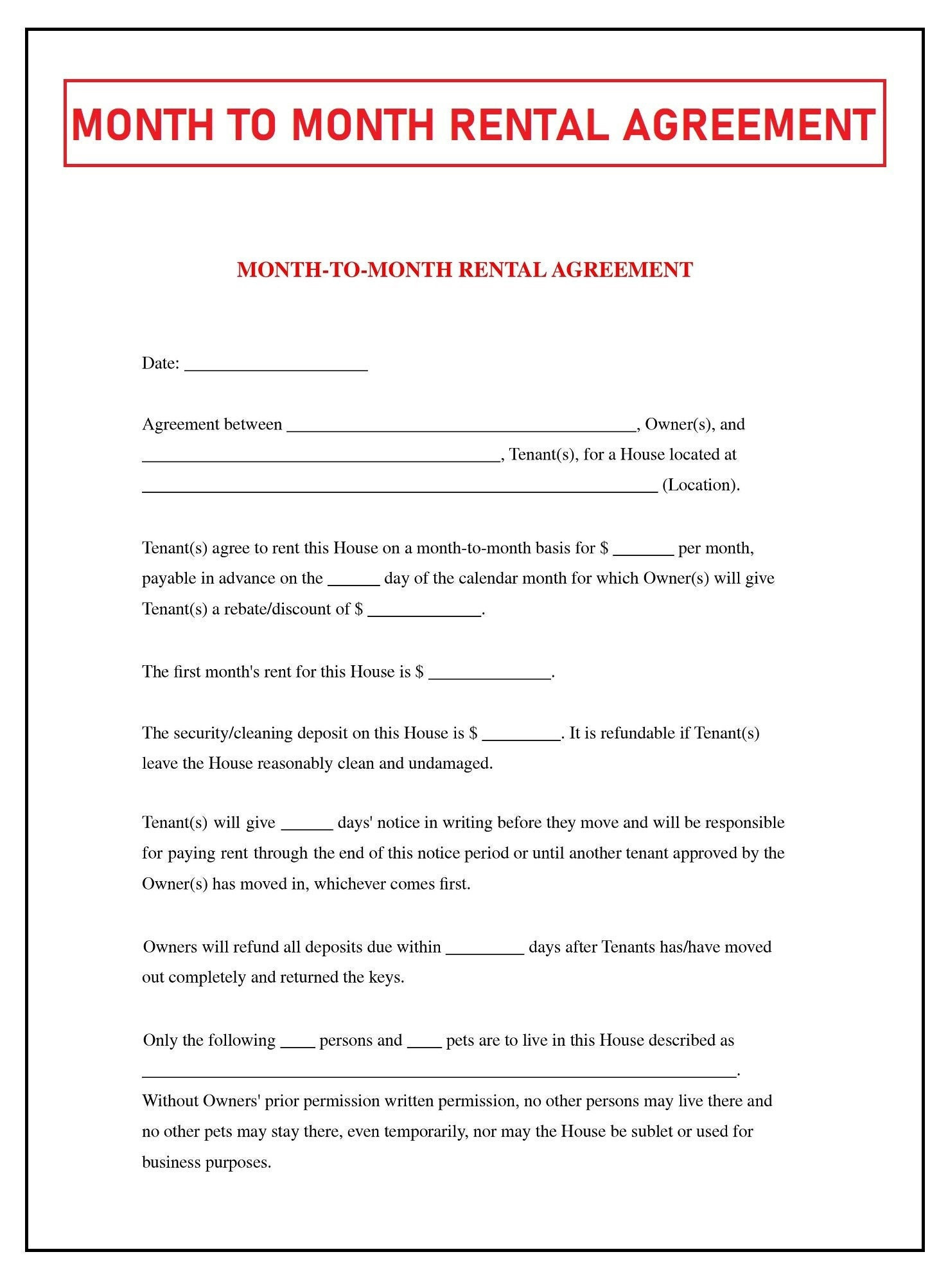 Month To Month Residential Lease Agreement Form - Fill Out And throughout Printable Residential Lease Agreement Form