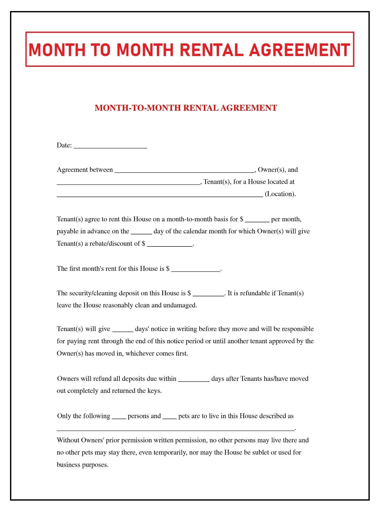 Month To Month Residential Lease Agreement Form - Fill Out And with Free Month To Month Lease Agreement Printable