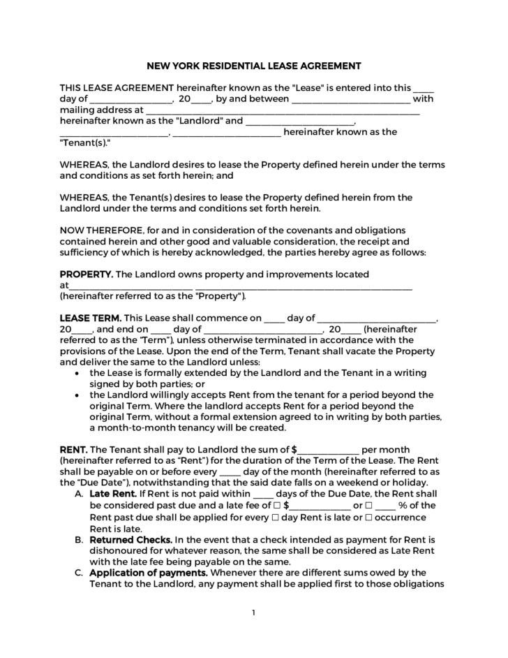Printable Lease Agreement New York