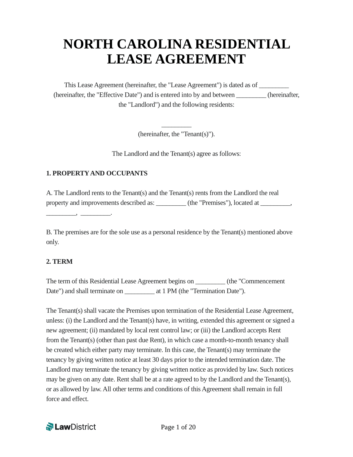 North Carolina Residential Lease Agreement | Free Form | Lawdistrict regarding North Carolina Lease Agreement Free Printable