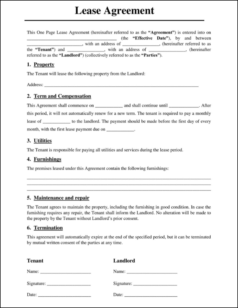 One Page Lease Agreement | Free Rental Contract Template regarding One Page Lease Agreement Free