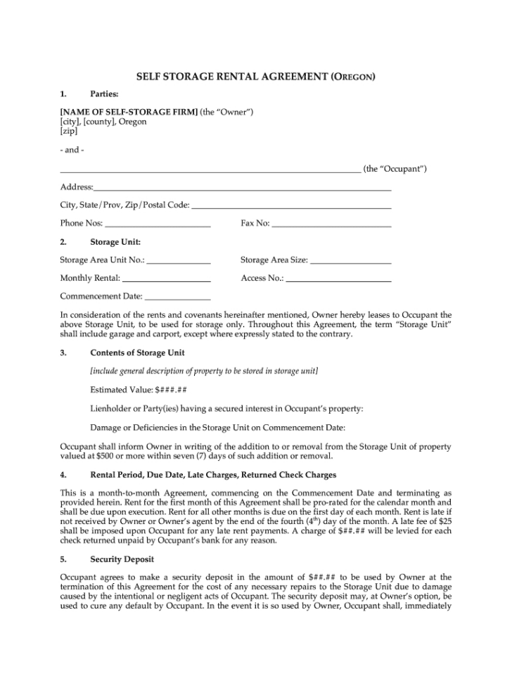 Free Printable Storage Unit Lease Agreement