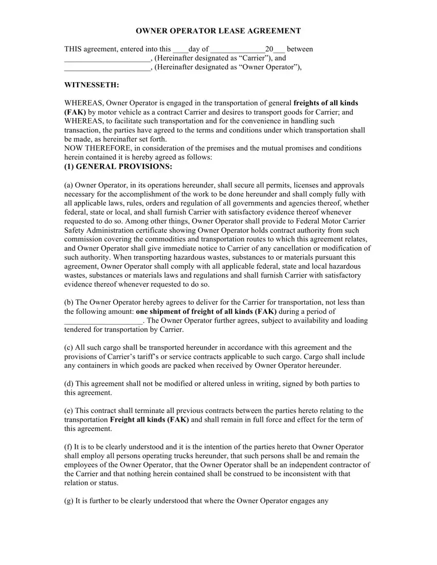 Owner Operator Lease Agreement ≡ Fill Out Printable Pdf Forms Online with regard to Printable Trucking Company Owner Operator Lease Agreement Form