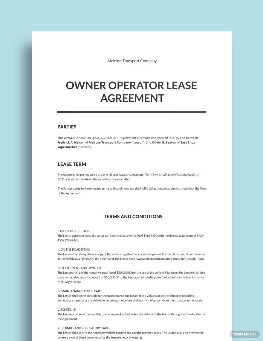 Owner Operator Lease Agreement Template In Google Docs, Word pertaining to Printable Trucking Company Owner Operator Lease Agreement Form