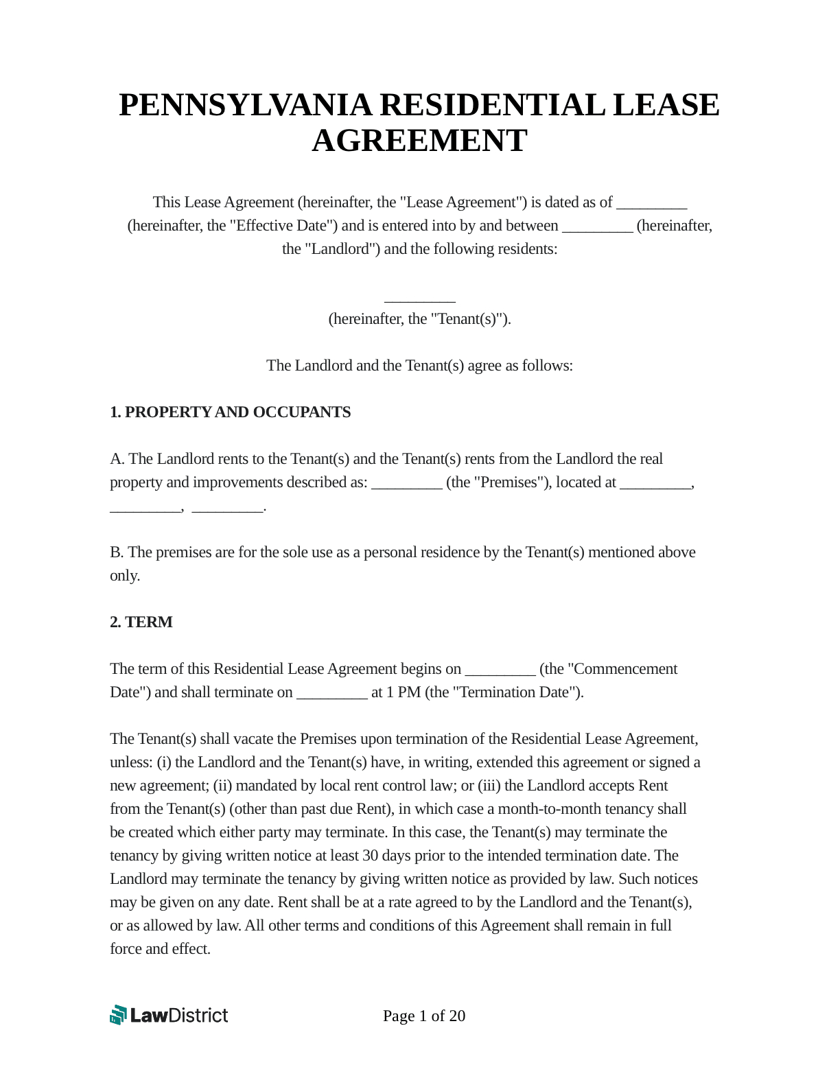 Pennsylvania Lease Agreement | Pdf Form | Lawdistrict pertaining to Free Printable Lease Agreement Pennsylvania