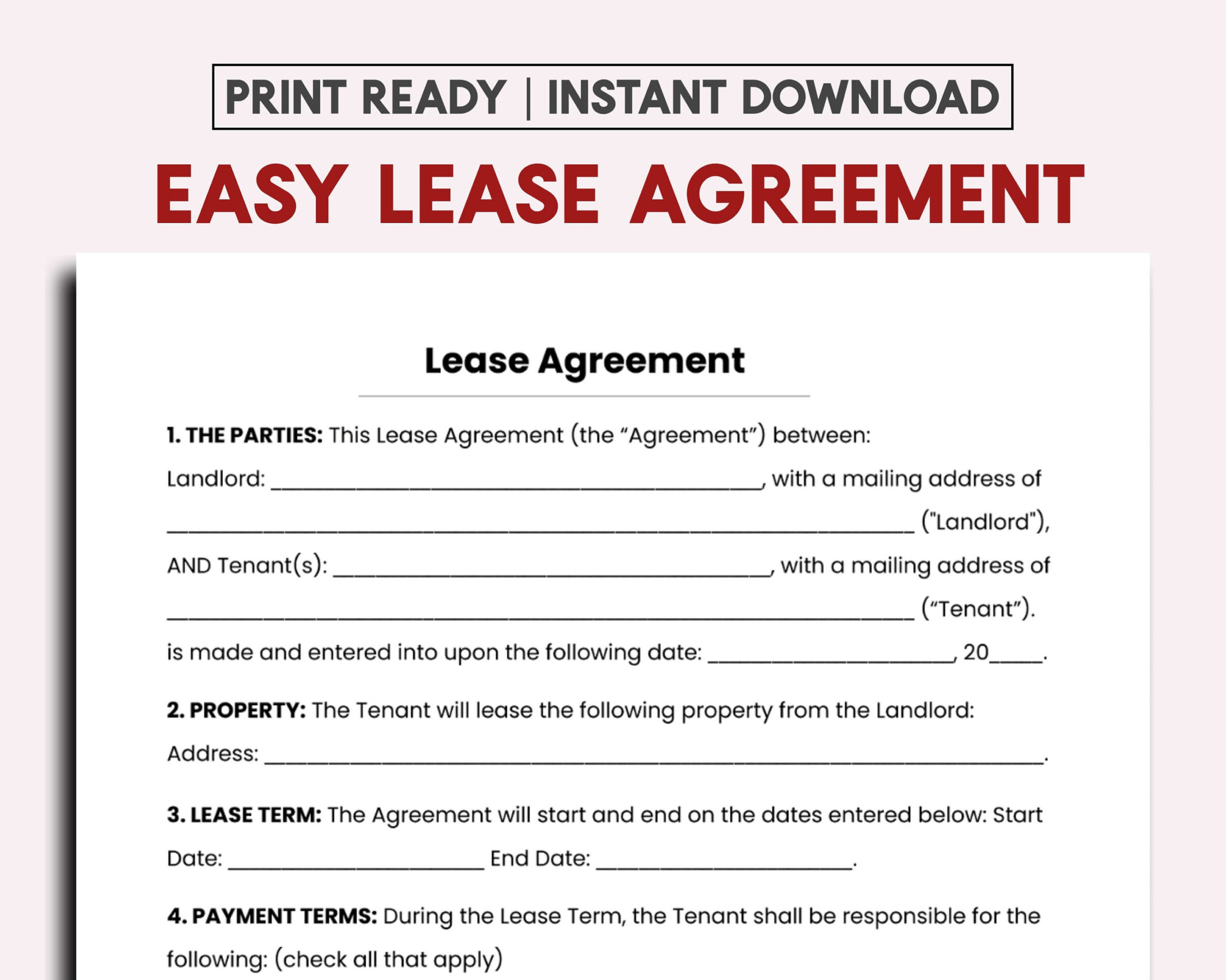 Simple One Page Lease Agreement - Etsy regarding Printable Lease Agreement Simple