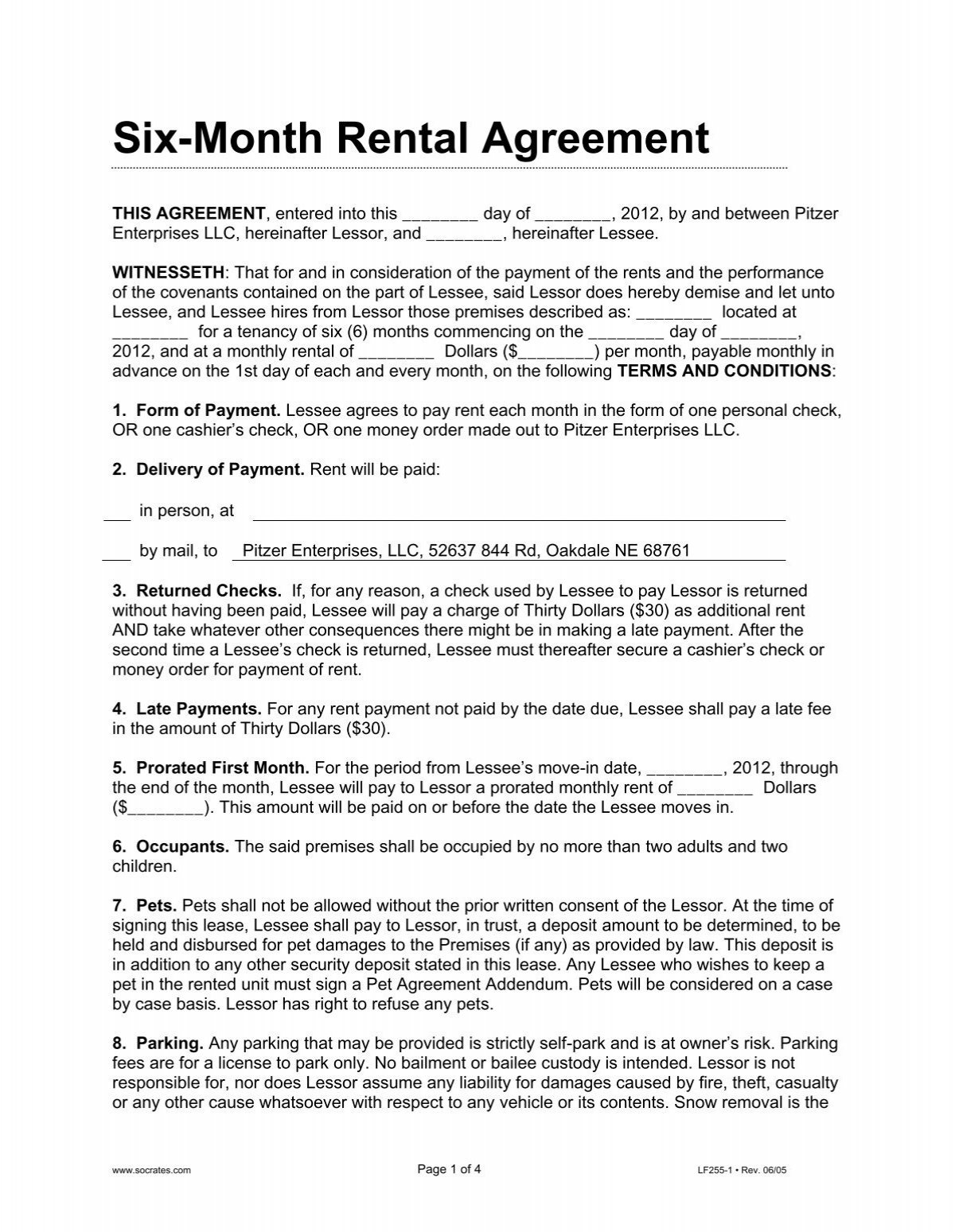 Six-Month Rental Agreement - Pitzer Enterprises, Llc for 6 Month Rental Agreement Format