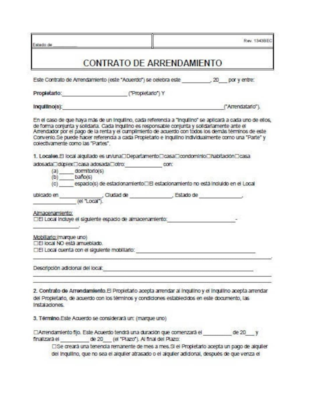 Standard Residential Rental Lease Agreement Forms, Instant in Free Printable Lease Agreement In Spanish Template