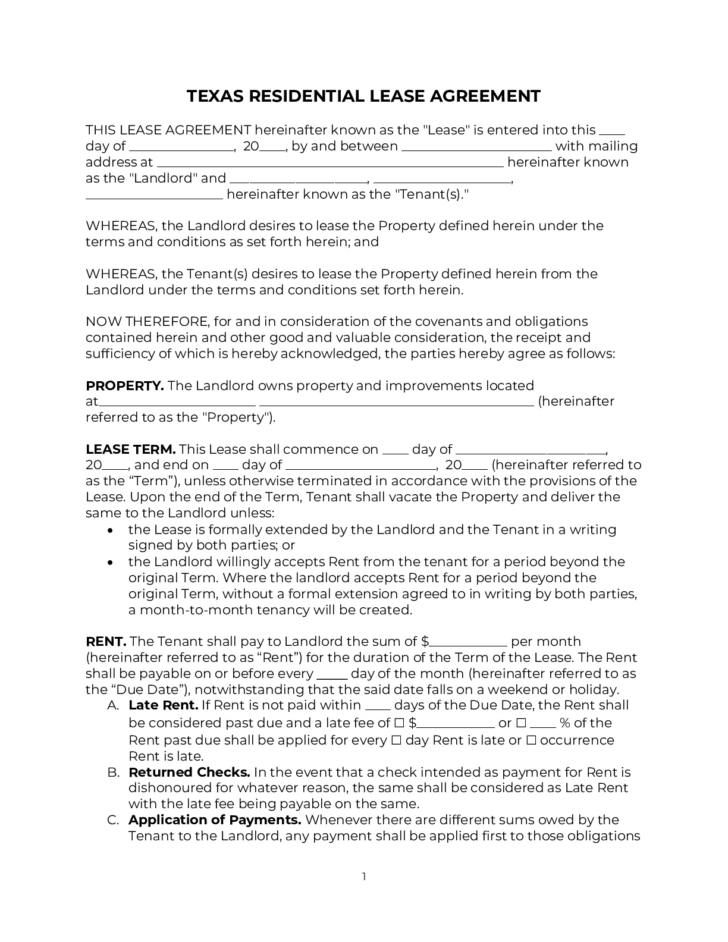 Free Printable Rental Lease Agreement Texas