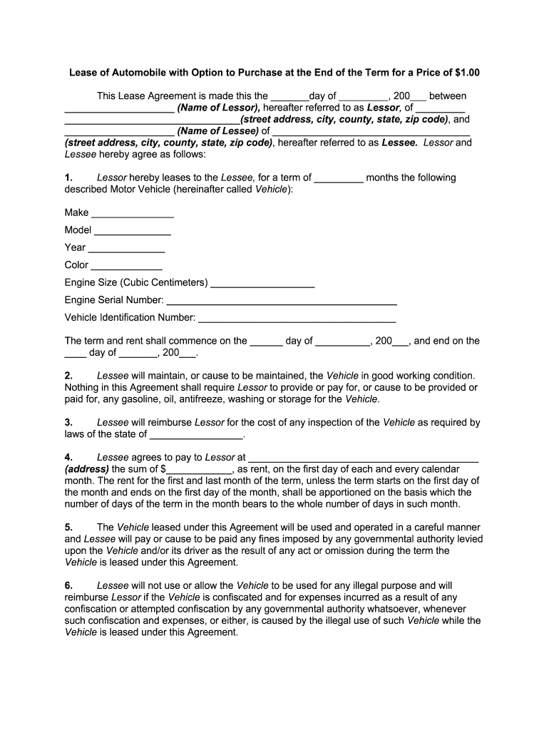 Vehicle Lease To Own Agreement Template | Airslate Signnow intended for Generic Vehicle Lease Agreement Printable
