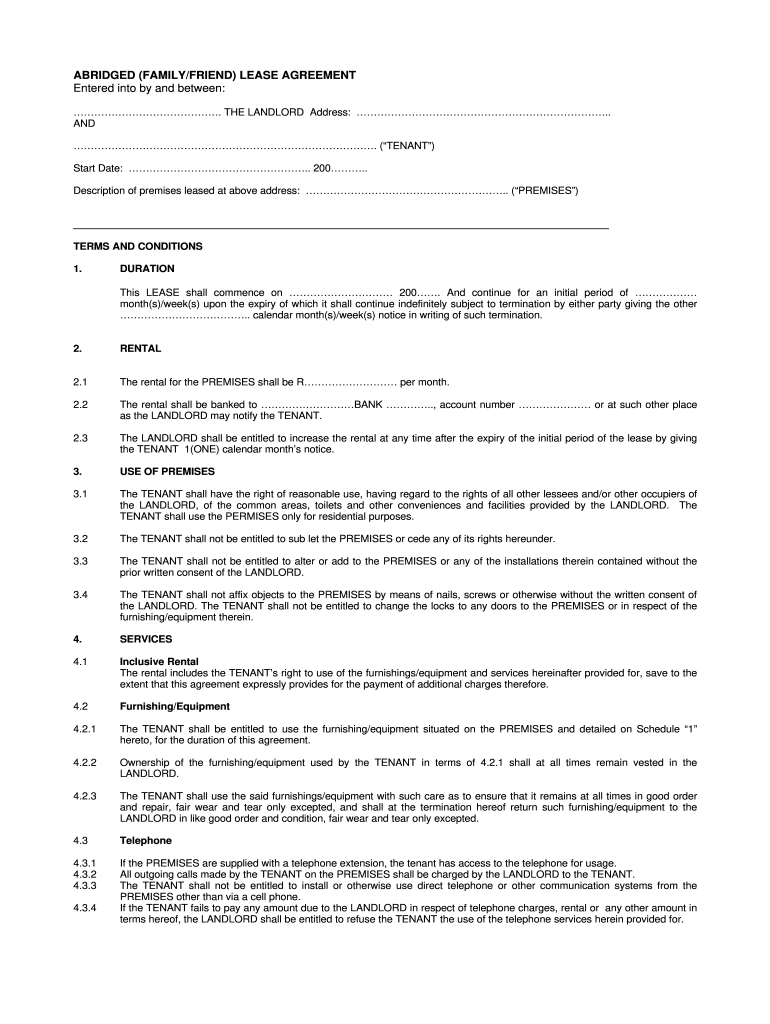Za Abridged Familyfriend Lease Agreement Form - Fill Online with regard to Printable Lease Agreement Template South Africa